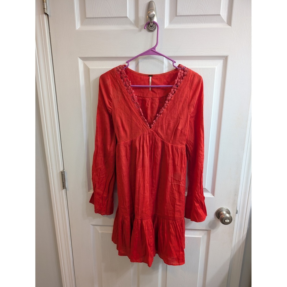 FP Gentle Dreamer Crochet V Neck Tiered Mini Dress Bell Sleeves - Size XS
